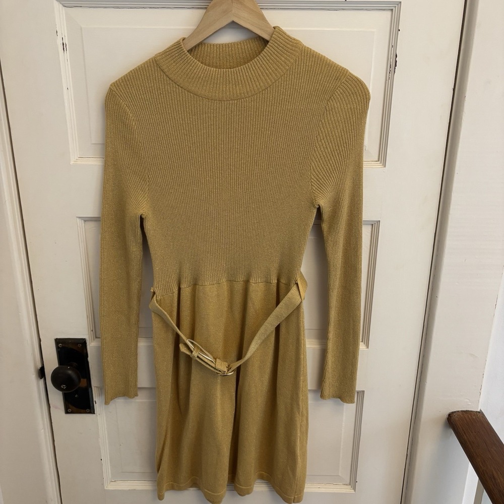 Free People Gold French Girl Sweater Mini Dress With Belt Mockneck Small $108 - Picture 3 of 9